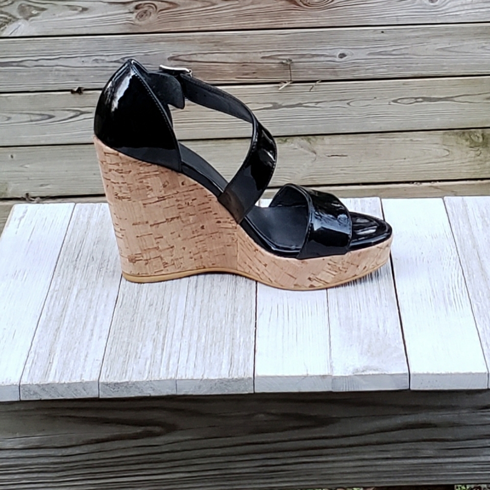 Stuart Weitzman Oneliner Cork Wedge Patent Sandals - image 5